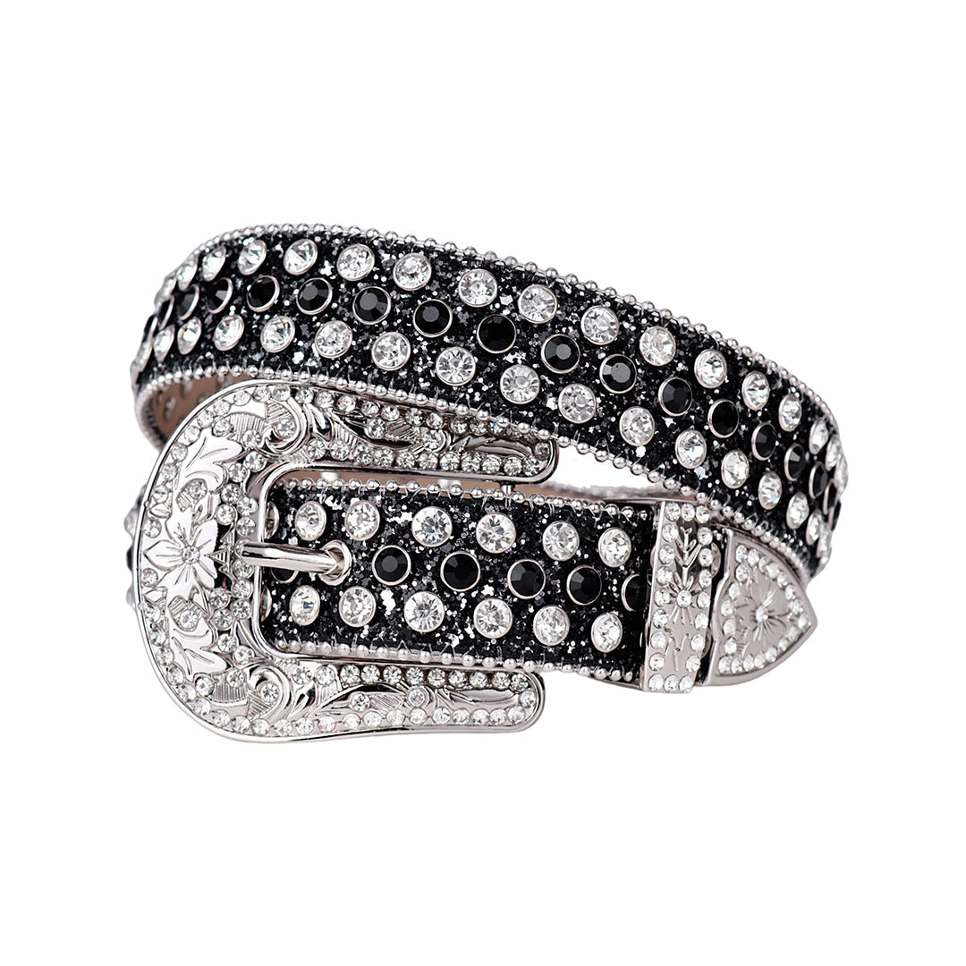 EngTRMved Buckle Shiny Black Strap With Black & Silver Studded Rhinestone Belt