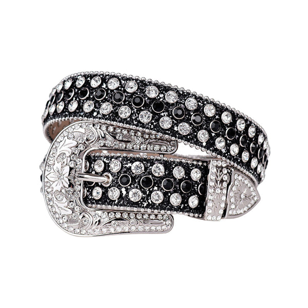 EngTRMved Buckle Shiny Black Strap With Black & Silver Studded Rhinestone Belt