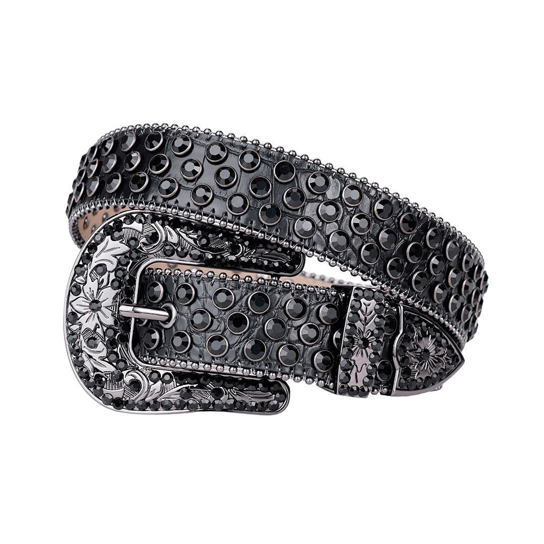 EngTRMved Buckle Black Strap With Black Studded Rhinestone Belt