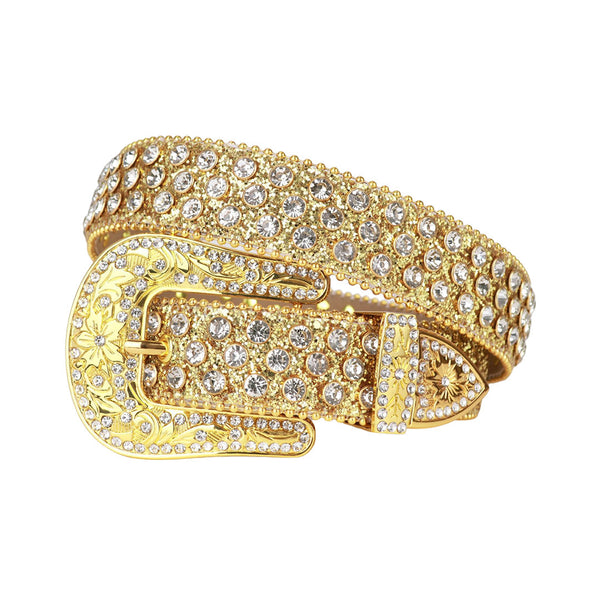 EngTRMved Buckle Shiny Gold Strap With Crystal Studded Rhinestone Belt
