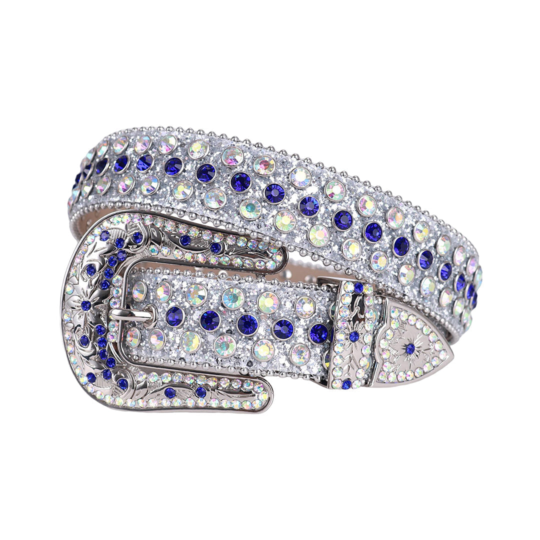 EngTRMved Buckle Shiny Grey Strap With Blue & Multi Studded Rhinestone Belt
