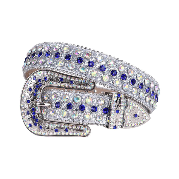 EngTRMved Buckle Shiny Grey Strap With Blue & Multi Studded Rhinestone Belt