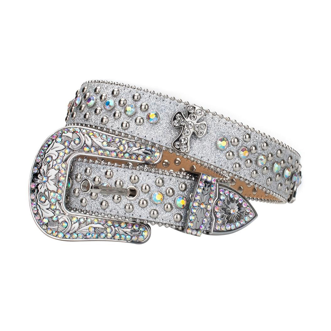 EngTRMved Buckle Cross Grey Strap With Multi Studded Rhinestone Belt