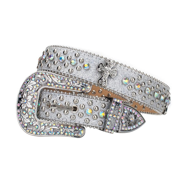 EngTRMved Buckle Cross Grey Strap With Multi Studded Rhinestone Belt