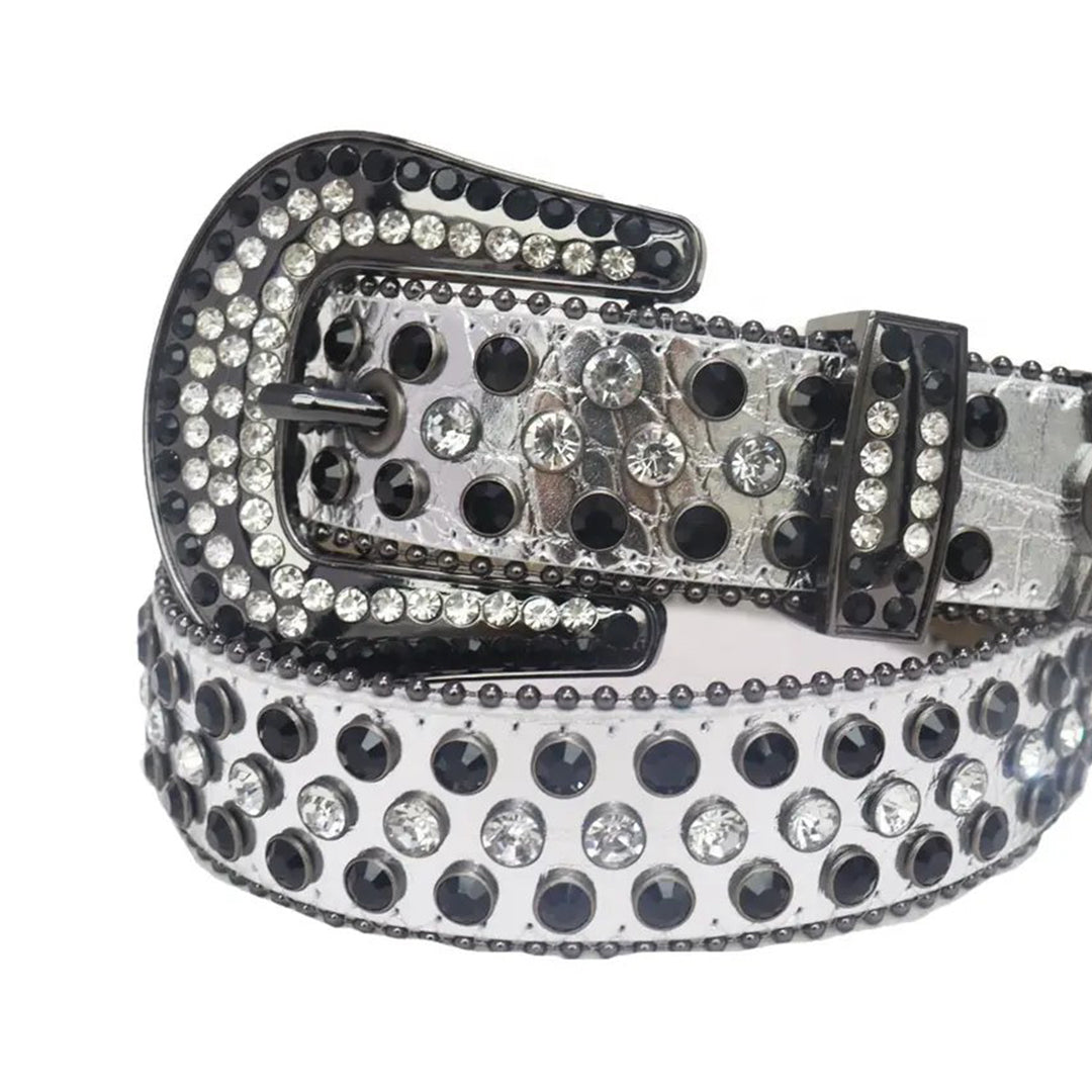 Diamond And Black Rhinestone Belt With Silver Strap