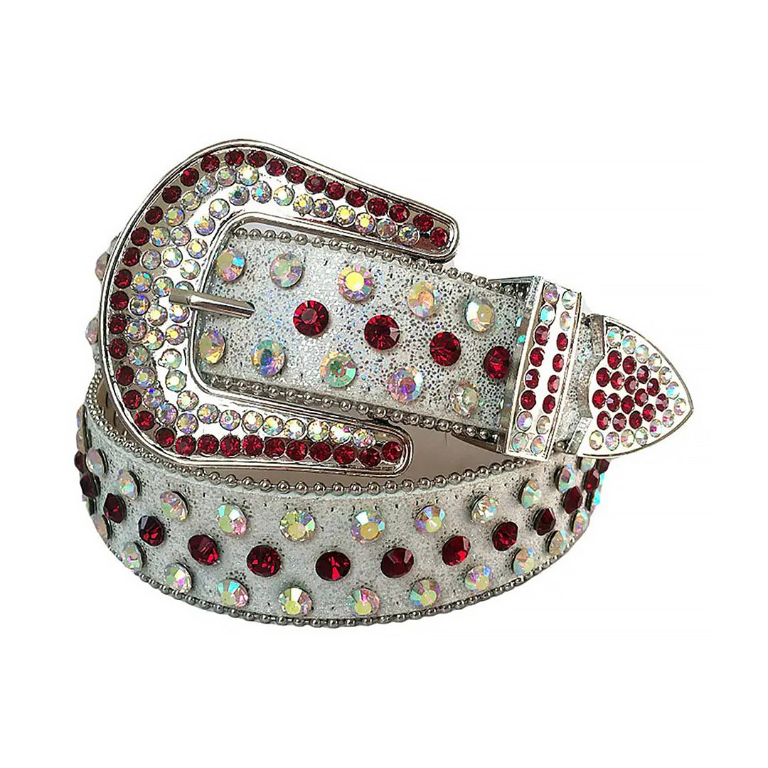 Red And Chromatic Rhinestone Belt With Grey Glitter Strap