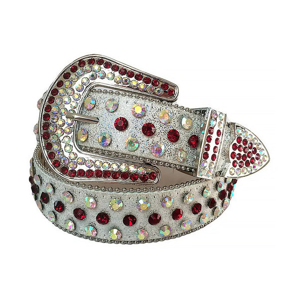 Red And Chromatic Rhinestone Belt With Grey Glitter Strap