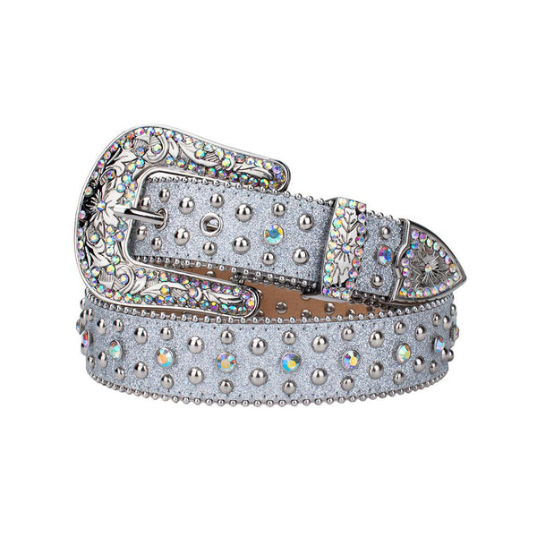 EngTRMved Buckle Shiny Grey Strap With Multi Studded Rhinestone Belt