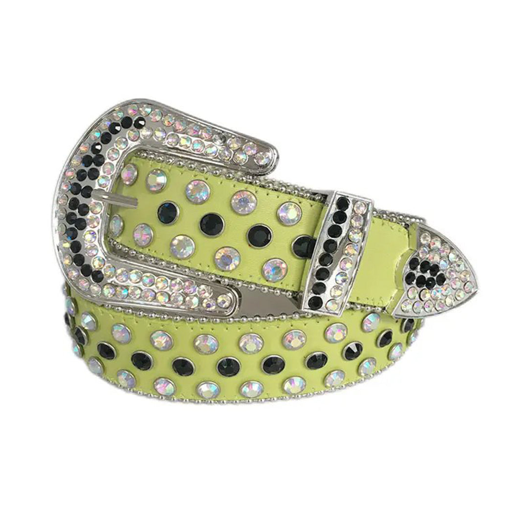 Chromatic And Black Rhinestone Belt With Green Strap
