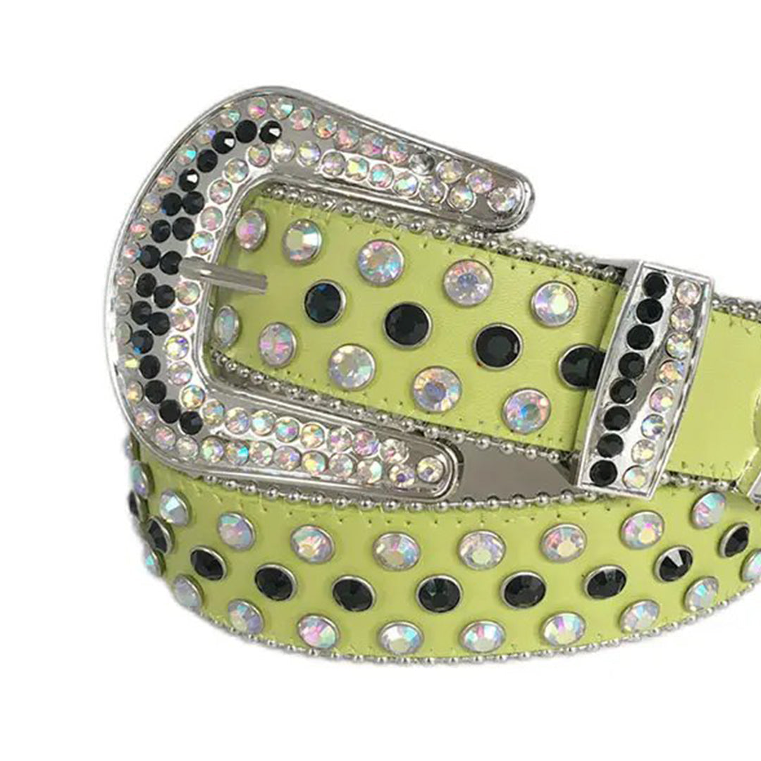 Chromatic And Black Rhinestone Belt With Green Strap