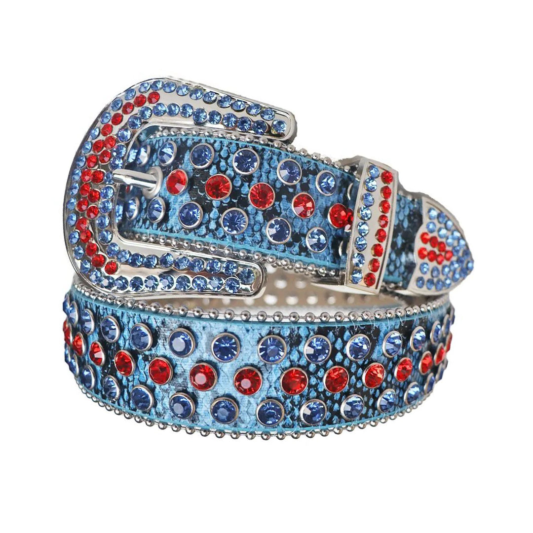 Red And Blue Rhinestone Belt With Blue Textured Strap