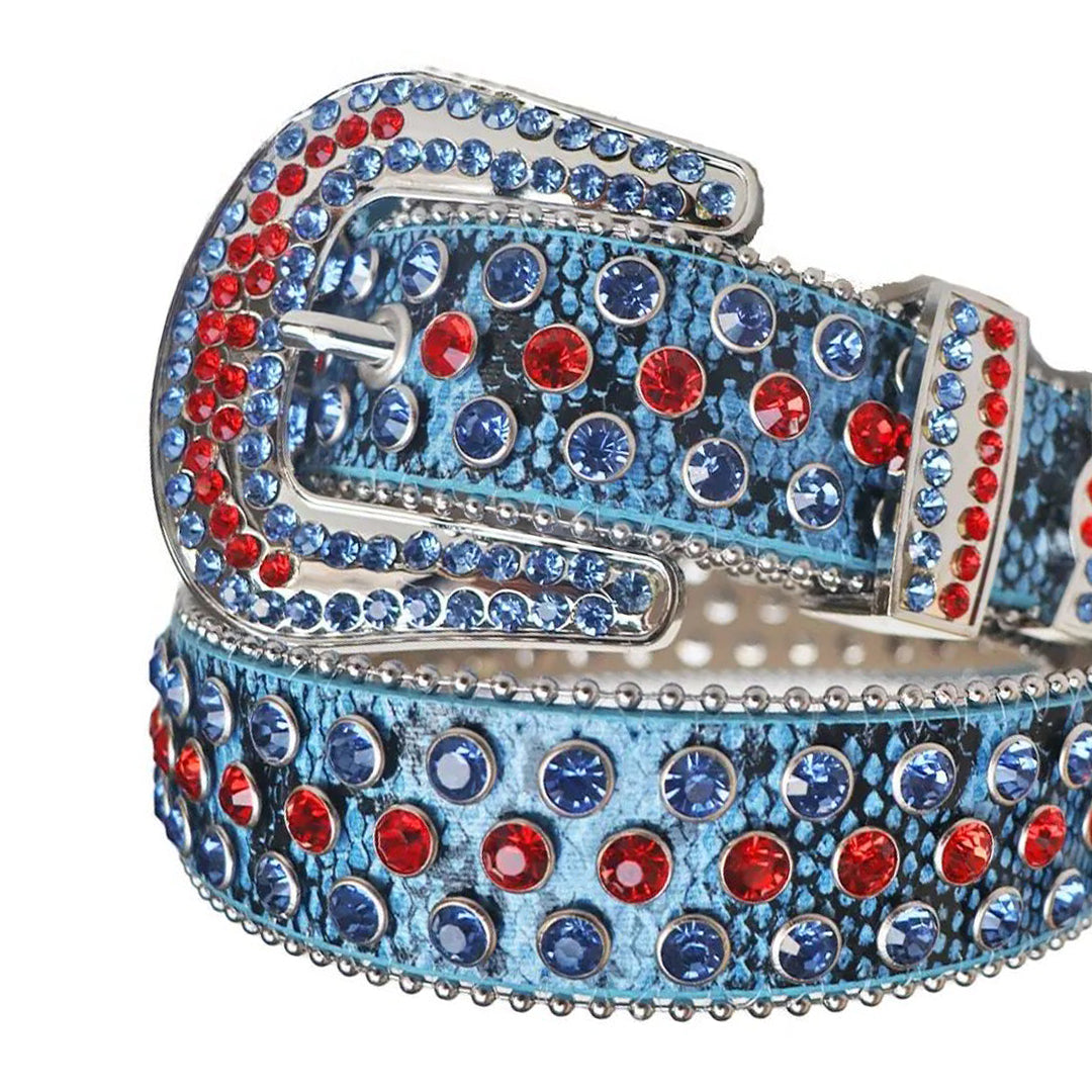 Red And Blue Rhinestone Belt With Blue Textured Strap