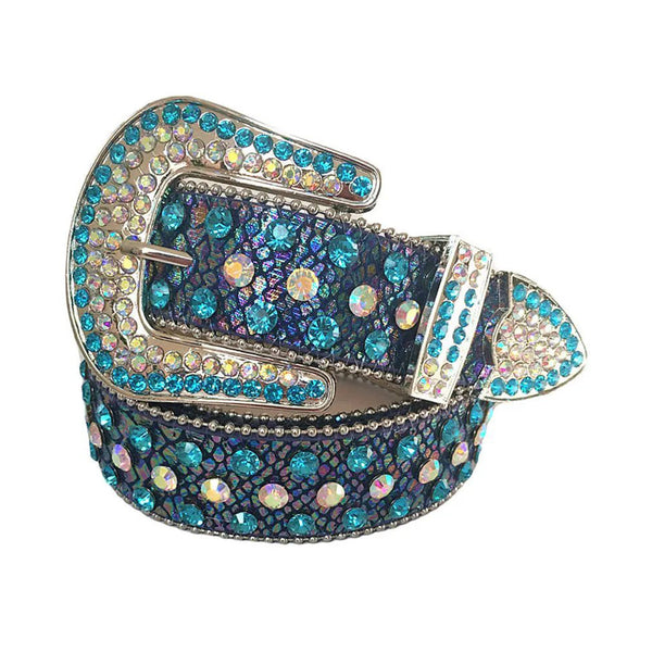 Sky And Chromatic Rhinestone Belt With Chromatic Textured Strap
