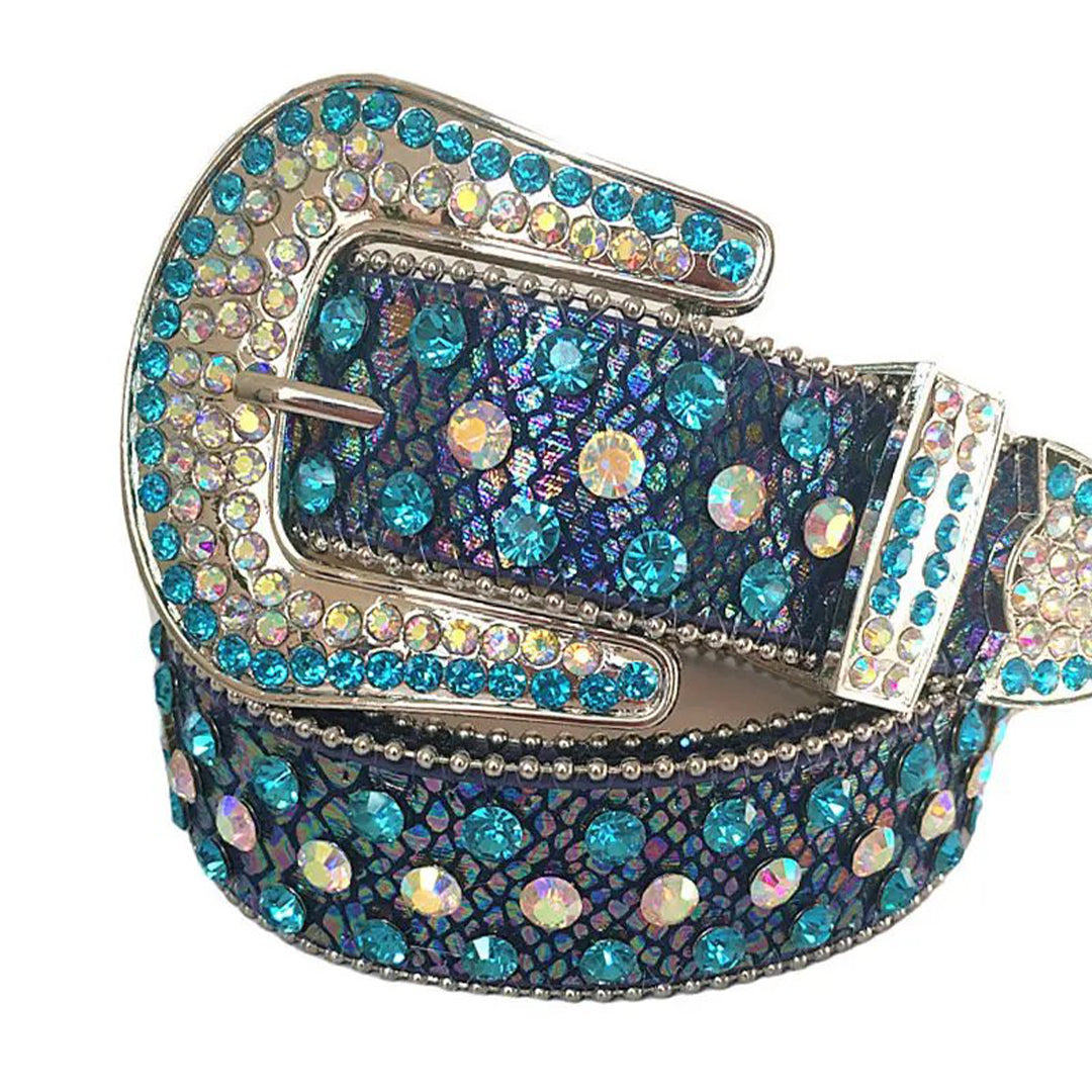 Sky And Chromatic Rhinestone Belt With Chromatic Textured Strap