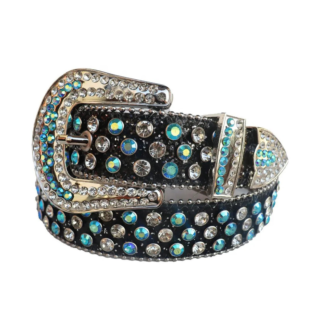 Aqua And Diamond Rhinestone Belt With Black Glitter Strap