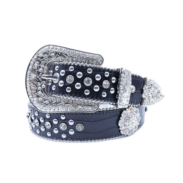 EngTRMved Buckle Black Strap With Crystal & Metal Studded Rhinestone Belt