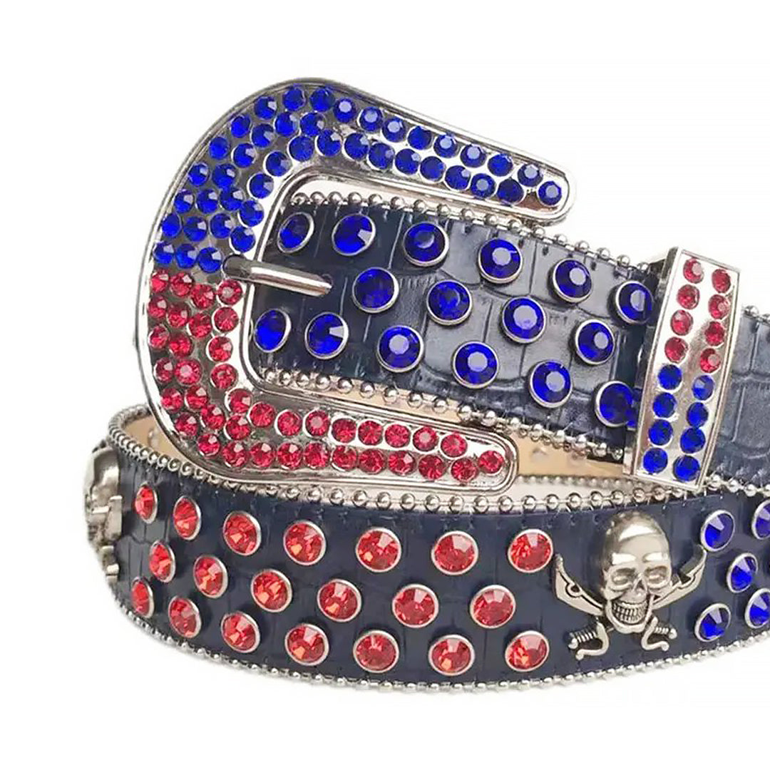 Red And Blue Rhinestone and Skull Stud Belt With Black Textured Strap
