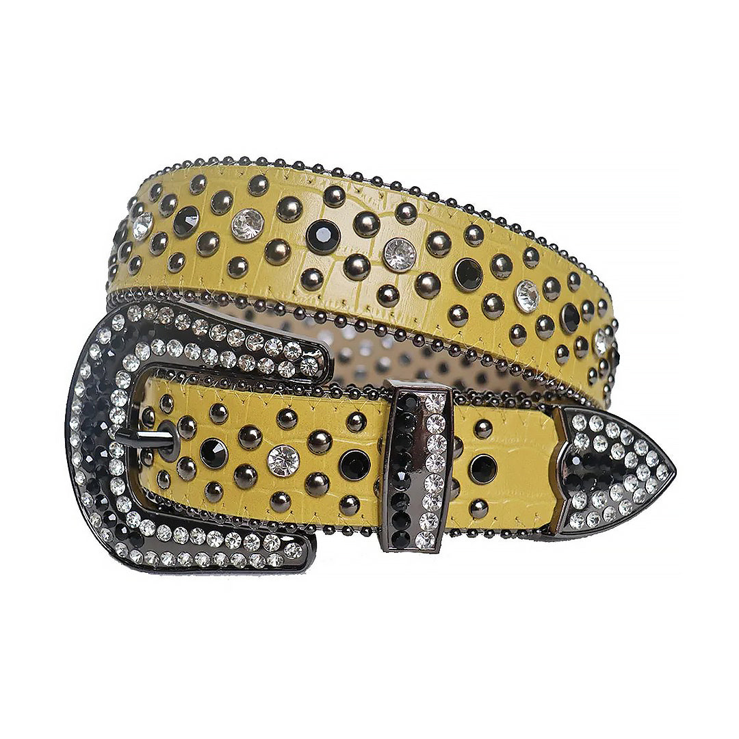 Diamond Rhinestone And Black Studs Belt With Yellow Strap