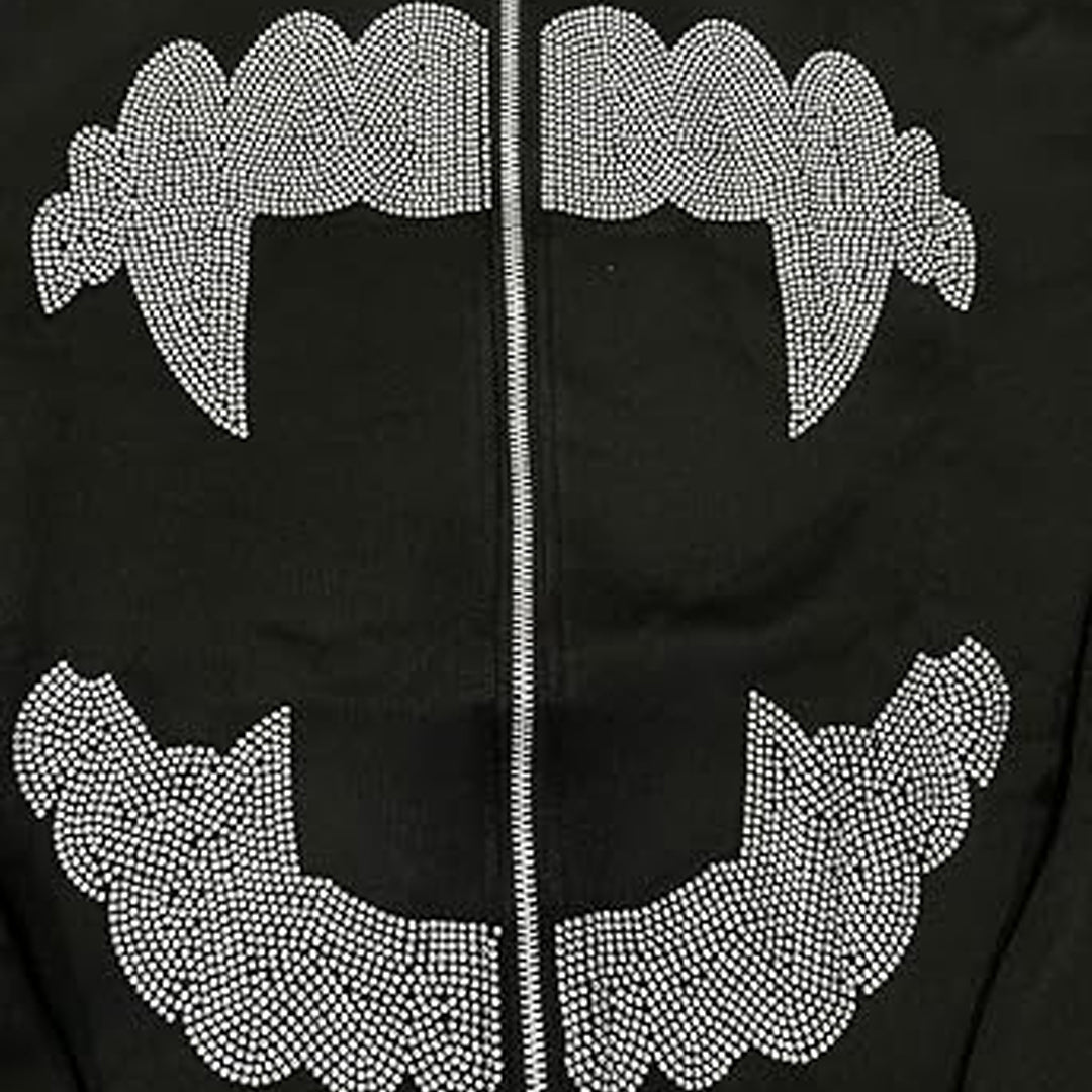 Punk Streetwear Full Zip Rhinestone Hoodie