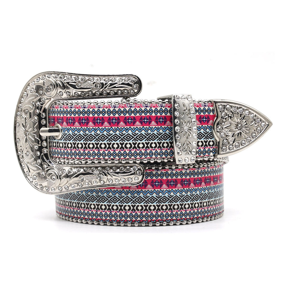 EngTRMved Buckle Sparkling Fish White Studded Rhinestone Belt