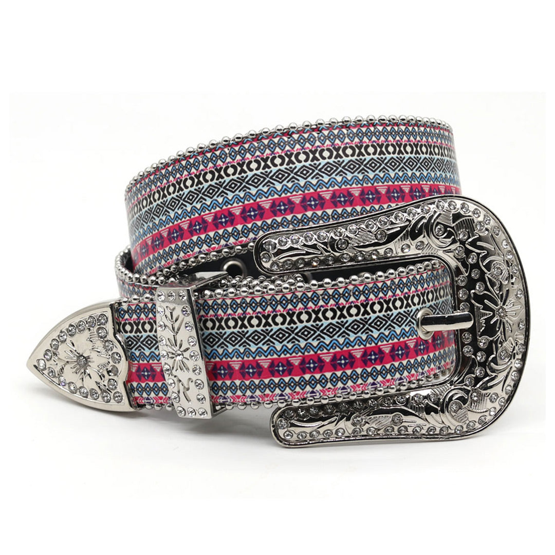 EngTRMved Buckle Sparkling Fish White Studded Rhinestone Belt