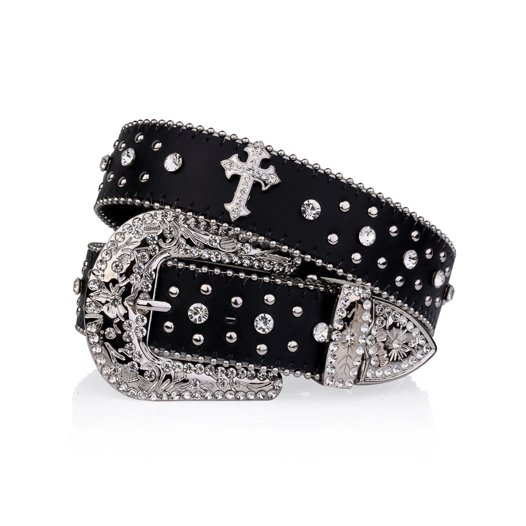 EngTRMved Buckle Cross Black Strap With Crystal Studded Rhinestone Belt