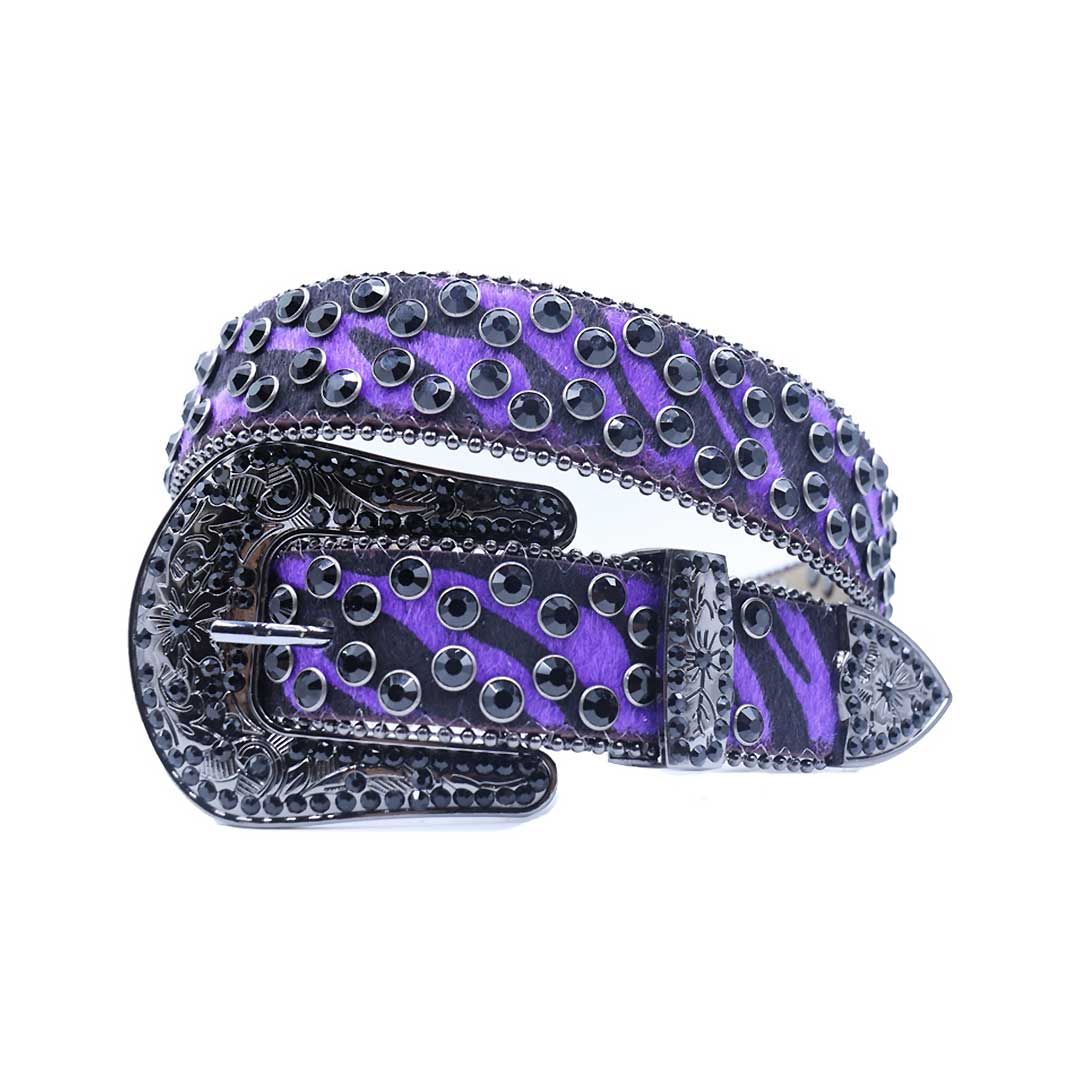 EngTRMved Buckle Purple Patterned Strap With Black Studded Rhinestone Belt