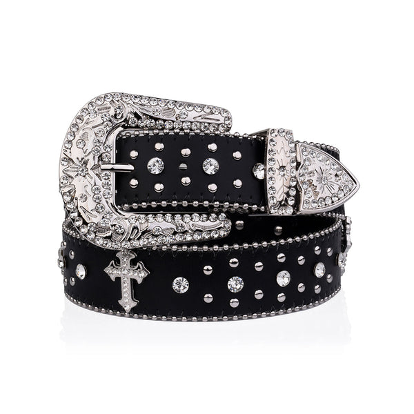 EngTRMved Buckle Cross Black Strap With Crystal Studded Rhinestone Belt