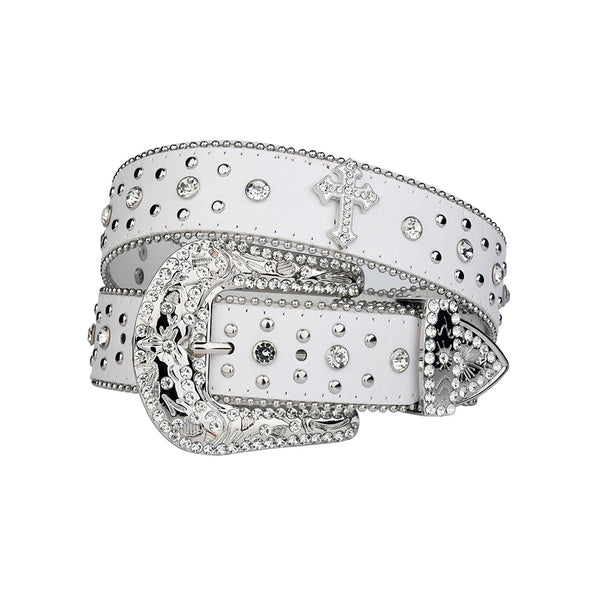 EngTRMved Buckle Cross White Strap With Crystal Studded Rhinestone Belt