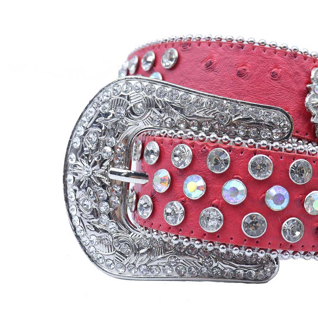 EngTRMved Buckle Flower Red Strap With Multi & Crystal Studded Rhinestone Belt
