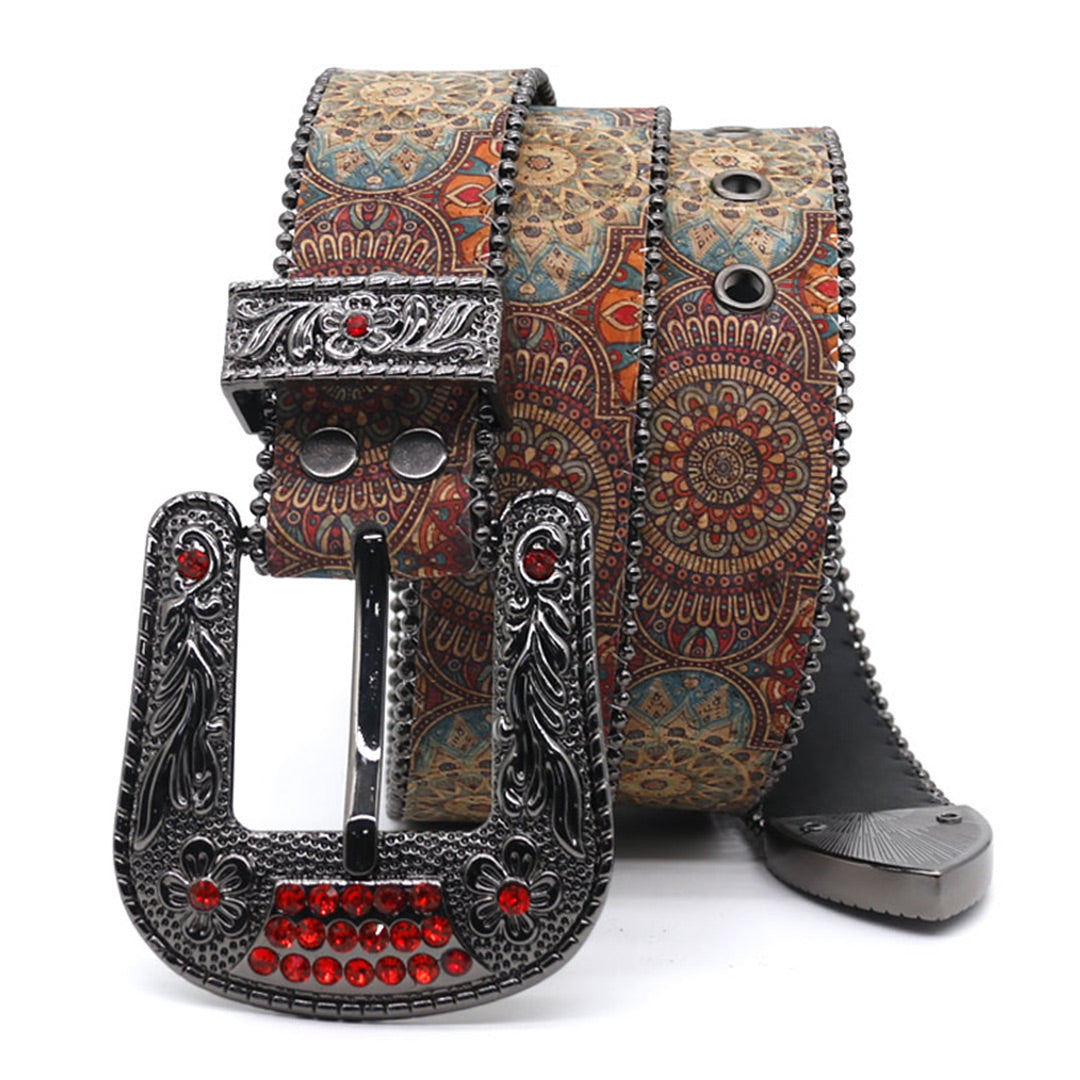 EngTRMved Buckle Zombie Art Red Studded Rhinestone Belt