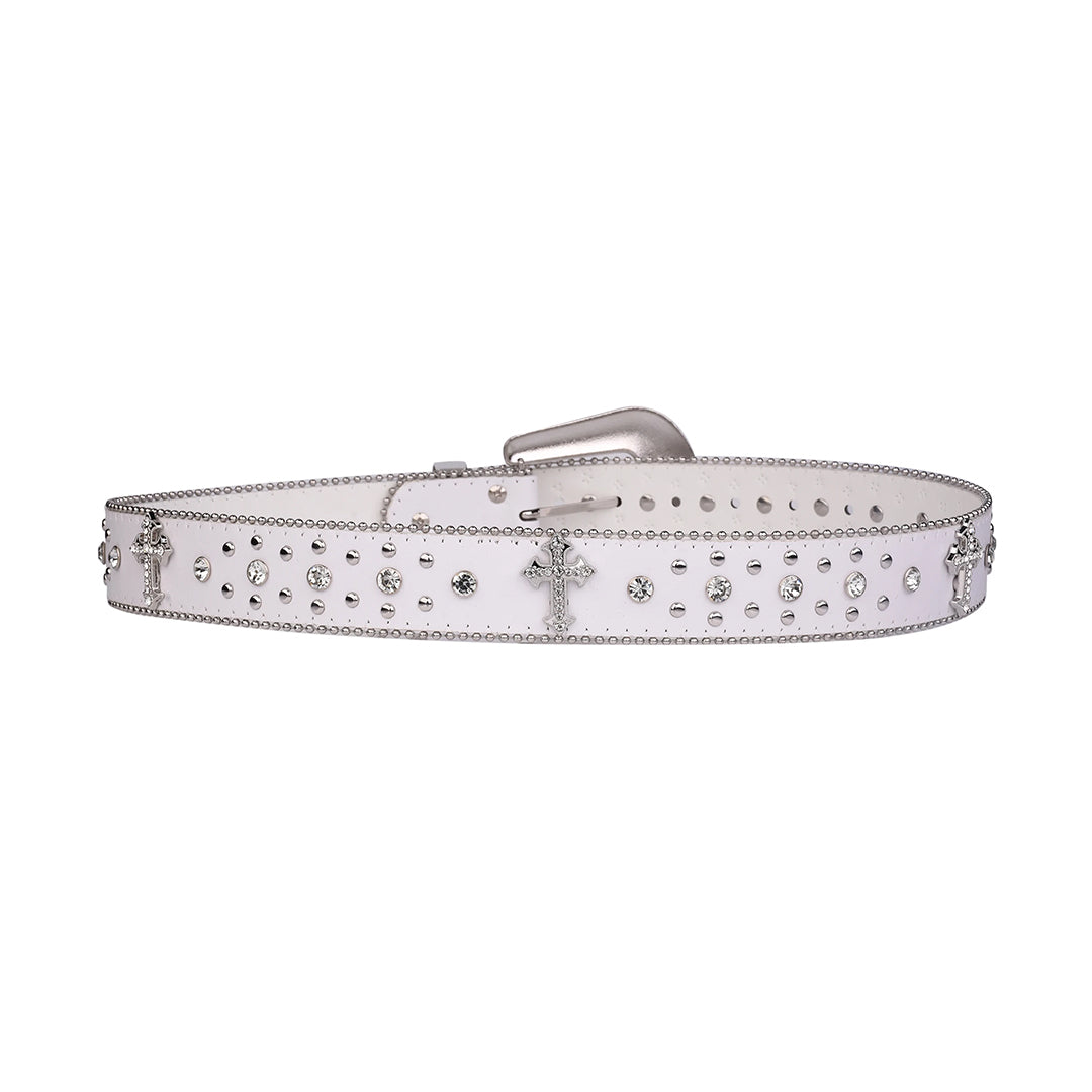 EngTRMved Buckle Cross White Strap With Crystal Studded Rhinestone Belt
