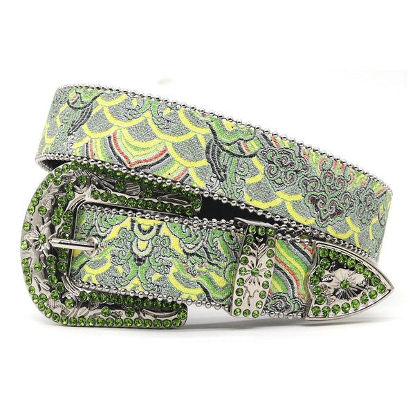 EngTRMved Buckle Art Style Green Studded Rhinestone Belt