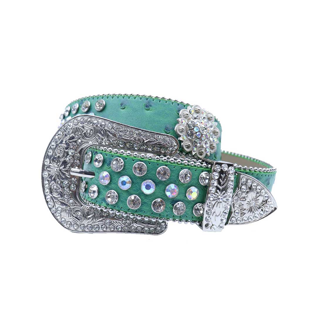 EngTRMved Buckle Flower Green Strap With Multi & Crystal Studded Rhinestone Belt