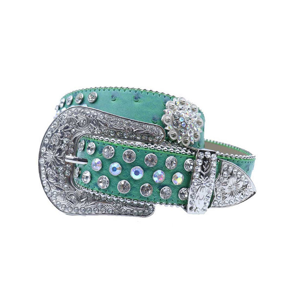 EngTRMved Buckle Flower Green Strap With Multi & Crystal Studded Rhinestone Belt