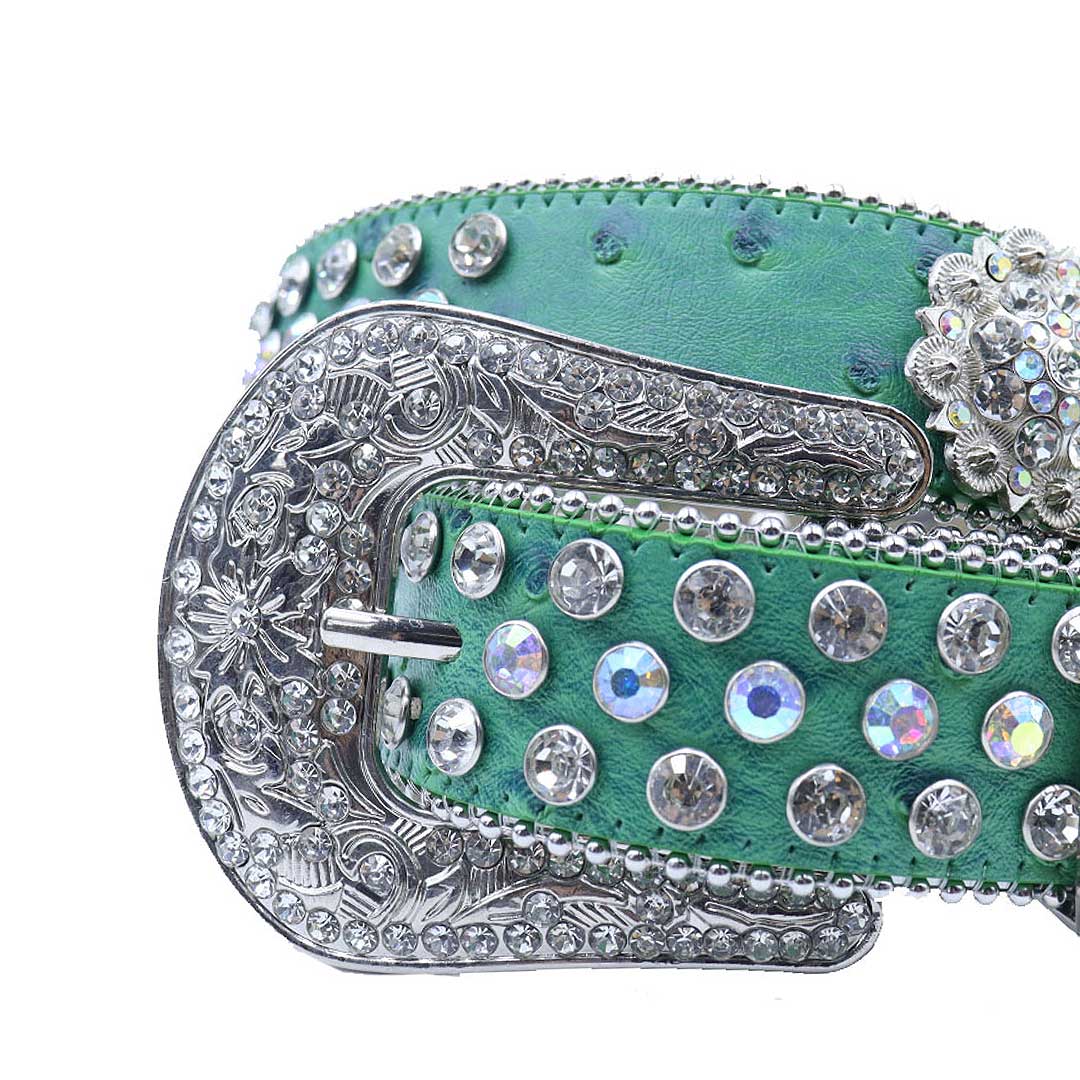 EngTRMved Buckle Flower Green Strap With Multi & Crystal Studded Rhinestone Belt