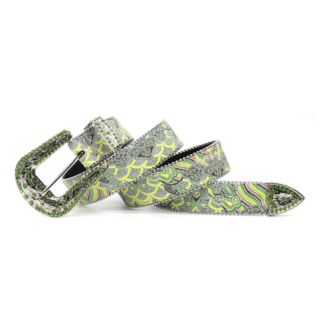 EngTRMved Buckle Art Style Green Studded Rhinestone Belt