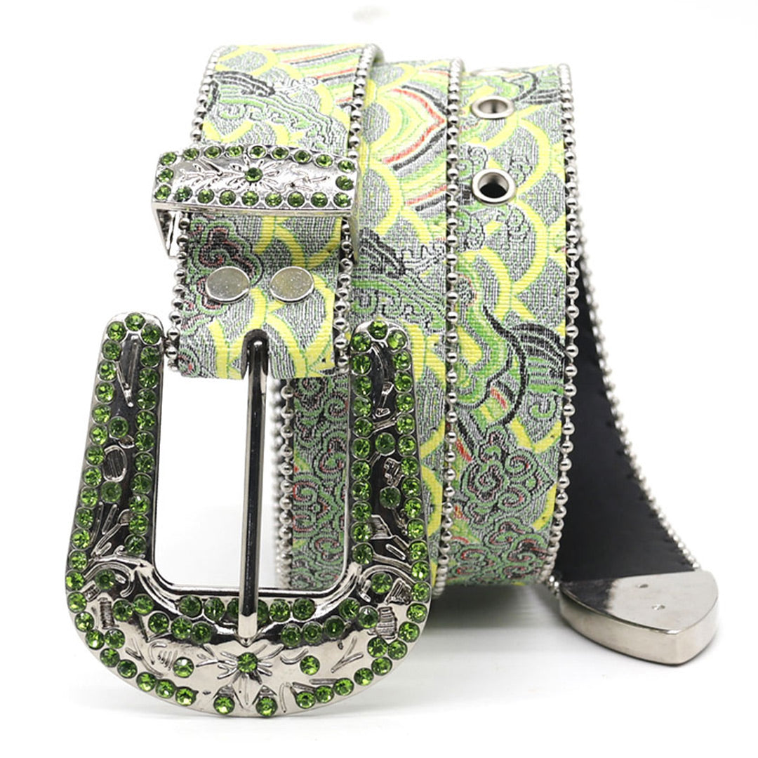 EngTRMved Buckle Art Style Green Studded Rhinestone Belt