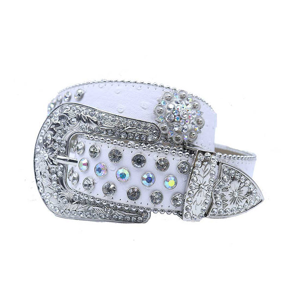 EngTRMved Buckle Flower White Strap With Multi & Crystal Studded Rhinestone Belt