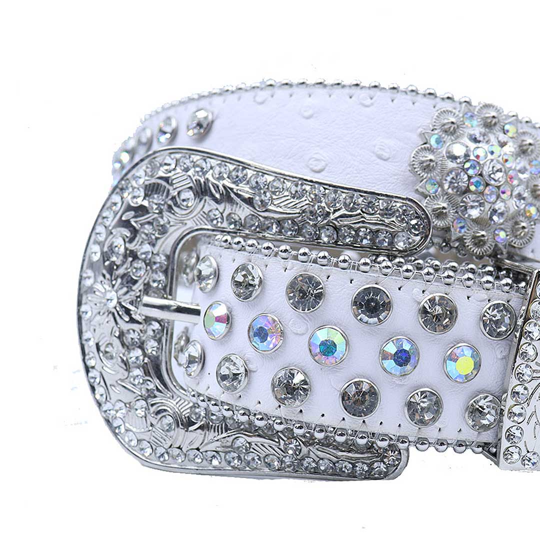 EngTRMved Buckle Flower White Strap With Multi & Crystal Studded Rhinestone Belt
