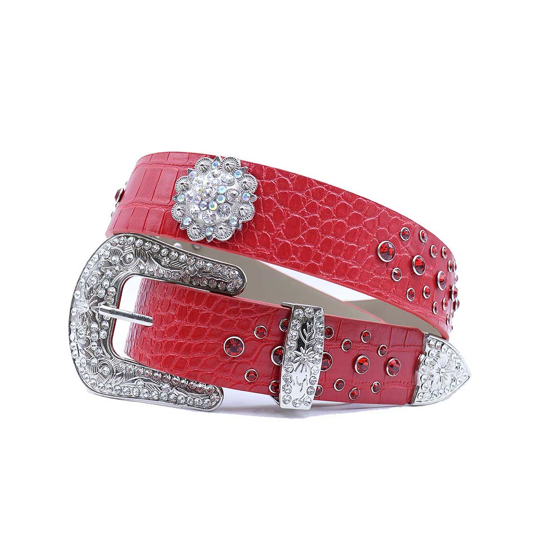EngTRMved Buckle Flower Red Strap With Red Studded Rhinestone Belt