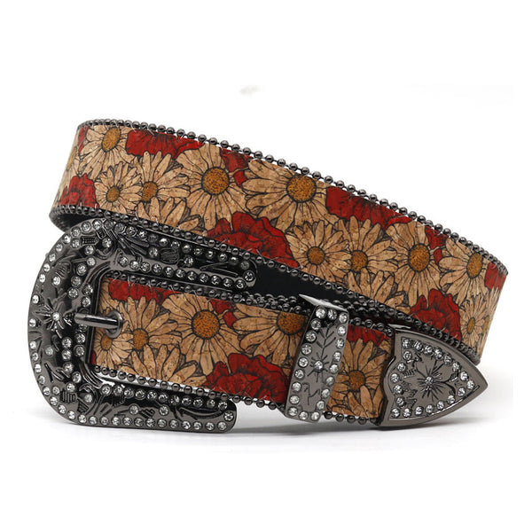 EngTRMved Buckle Flower Art White Studded Rhinestone Belt