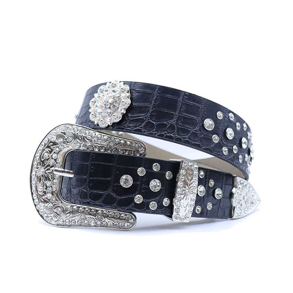 EngTRMved Buckle Flower Black Strap With Crystal Studded Rhinestone Belt