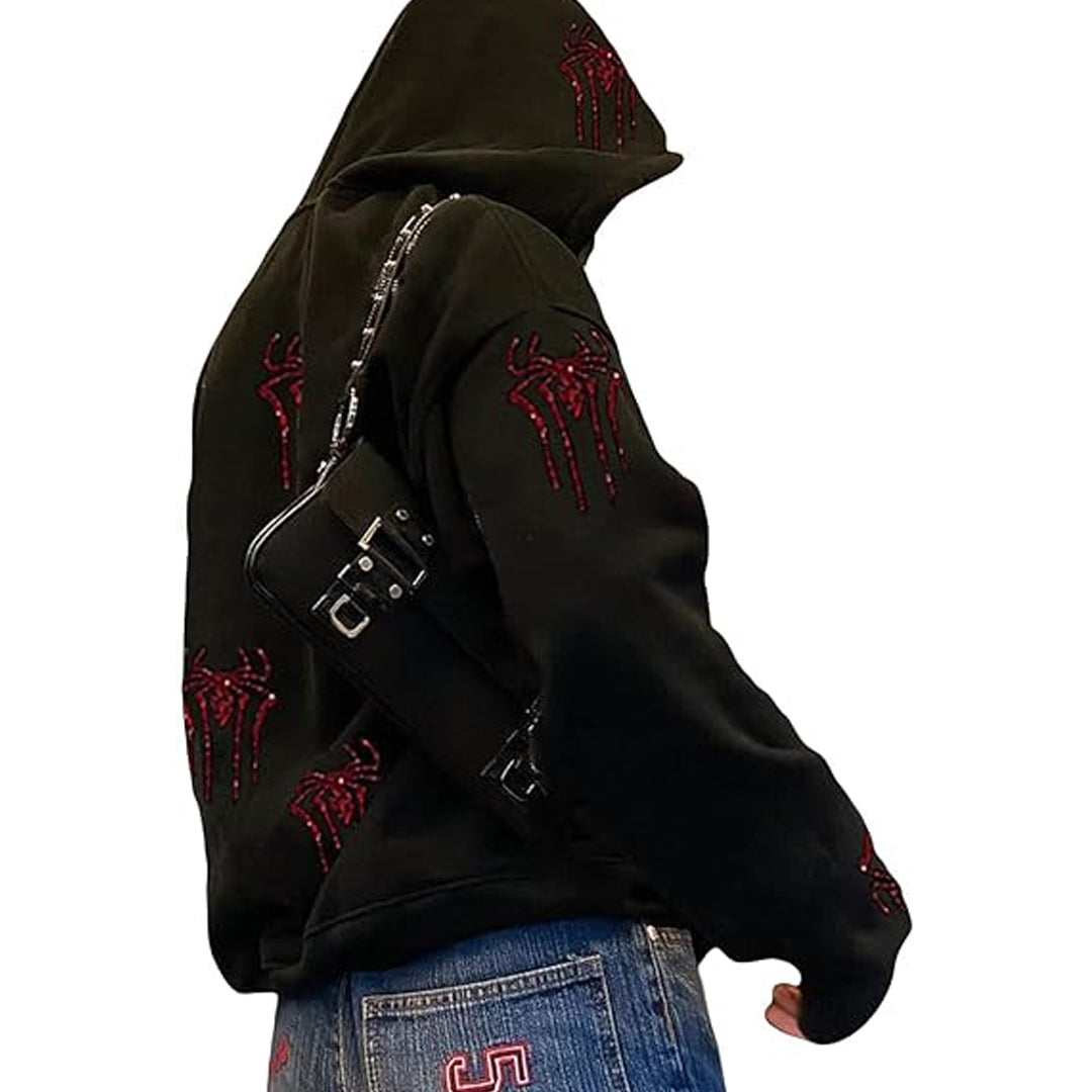 Hip Hop Spider Design Rhinestone Hoodie