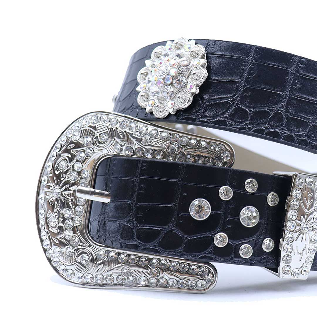 EngTRMved Buckle Flower Black Strap With Crystal Studded Rhinestone Belt