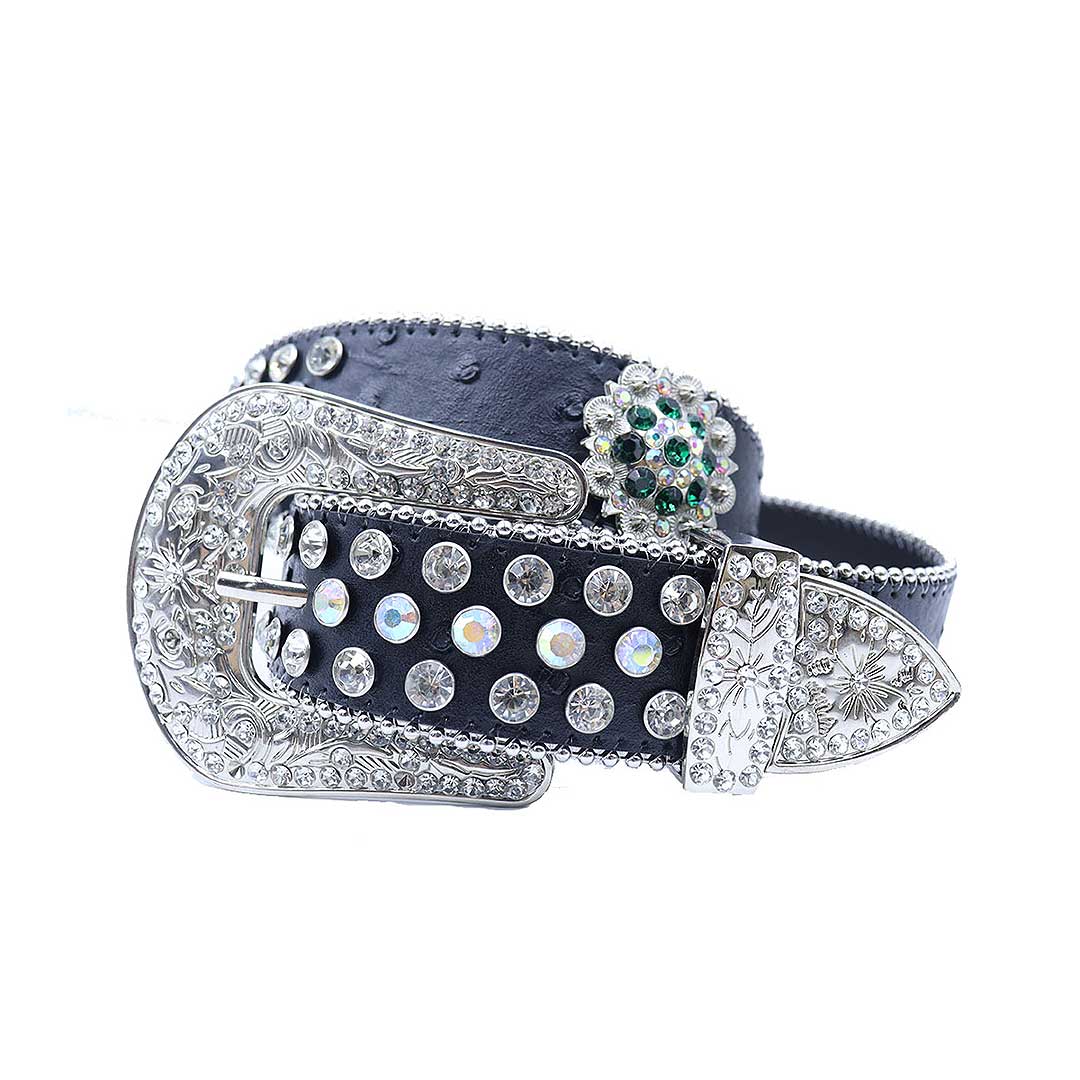 EngTRMved Buckle Flower Black Strap With Multi & Crystal Studded Rhinestone Belt
