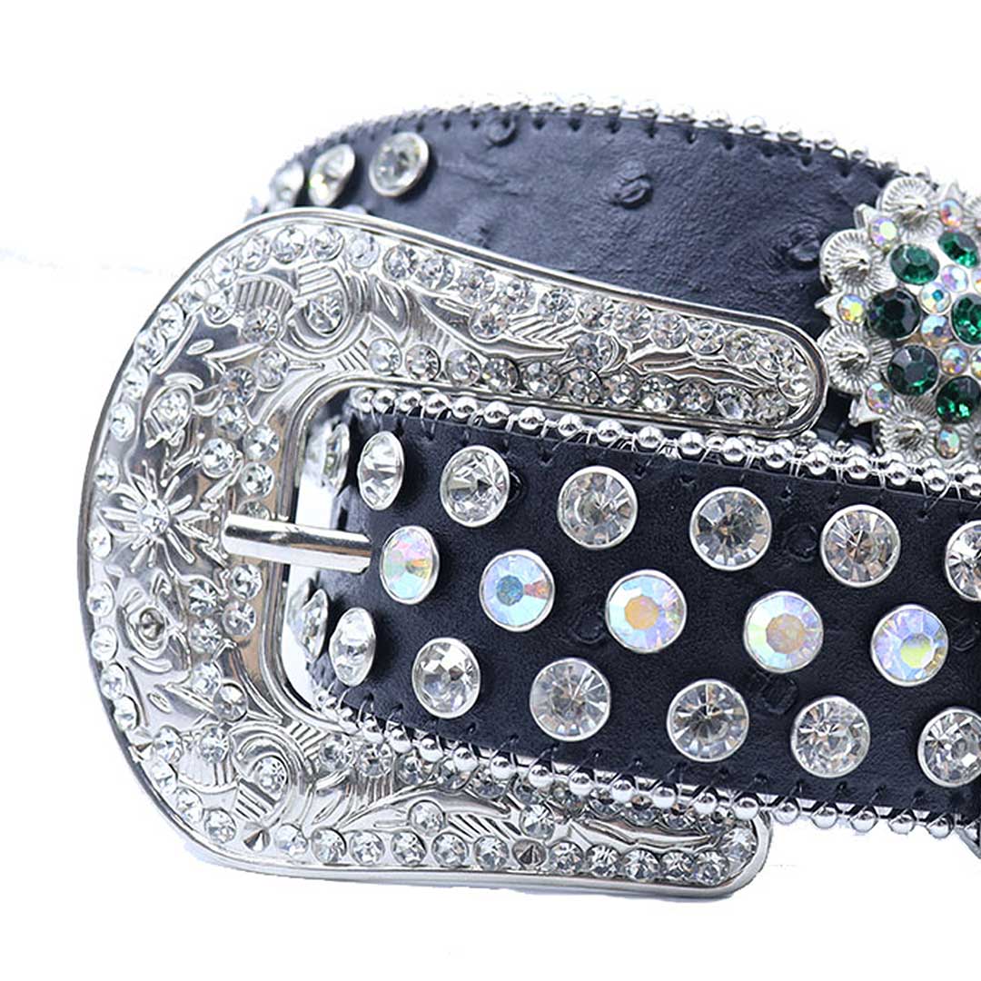 EngTRMved Buckle Flower Black Strap With Multi & Crystal Studded Rhinestone Belt