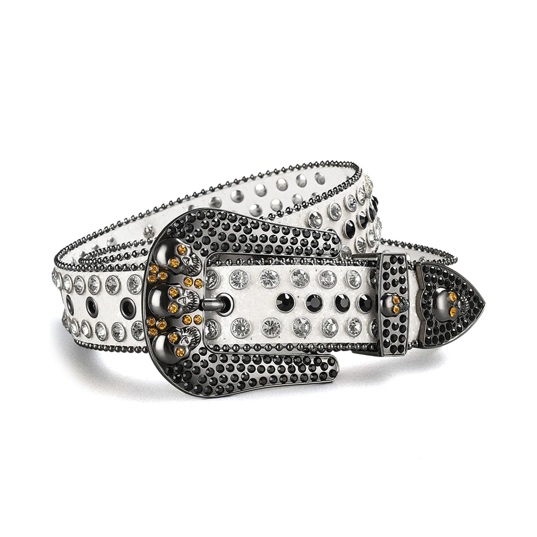 Skull Buckle White Strap With Crystal & Black Studded Rhinestone Belt