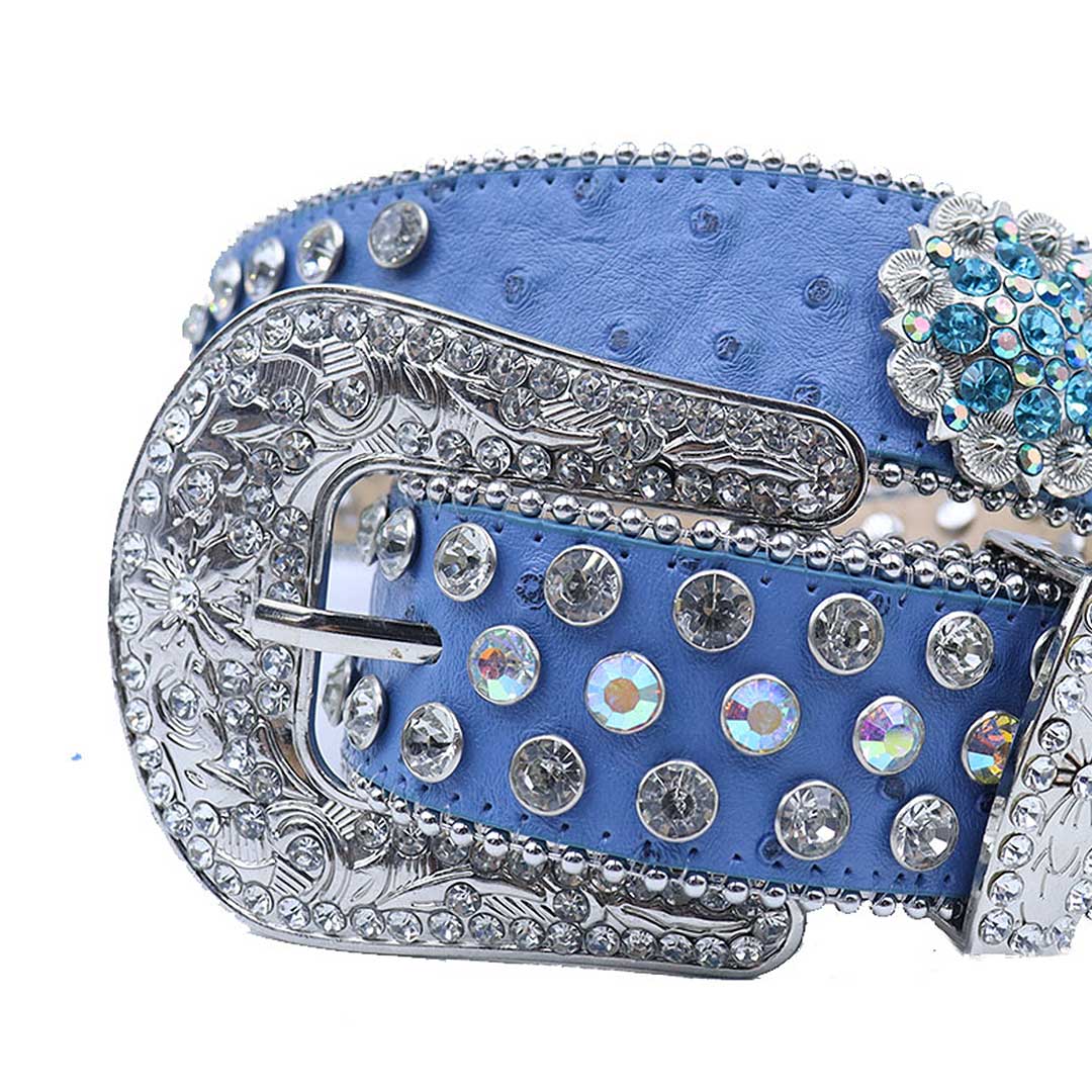 EngTRMved Buckle Flower Blue Strap With Multi & Crystal Studded Rhinestone Belt