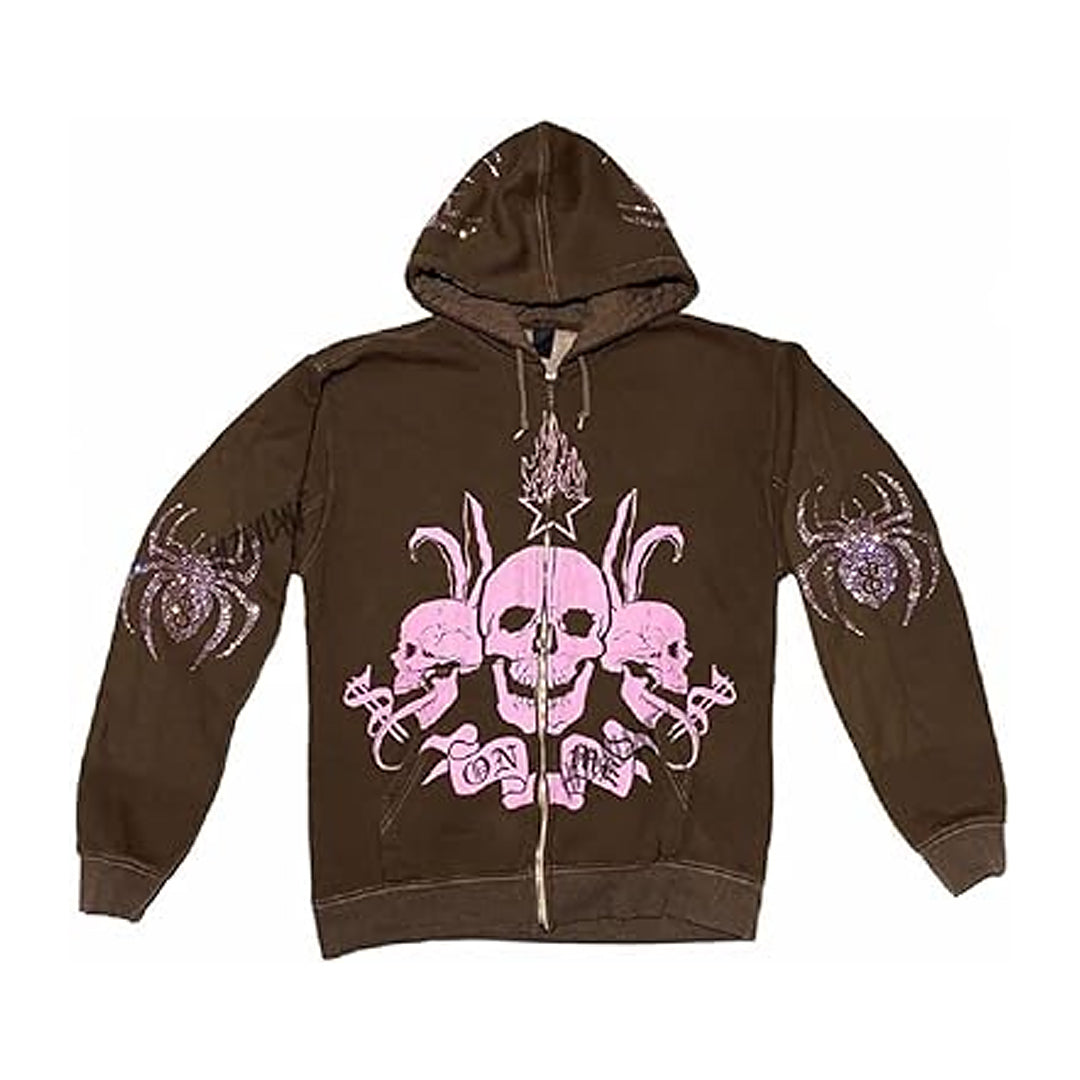 Women's Rhinestone Spider Skull Printed Rhinestone Hoodie
